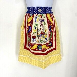 Vintage Novelty Tea Towel Half Apron Yellow Gingham Rick Rack Pocket Cute Retro
